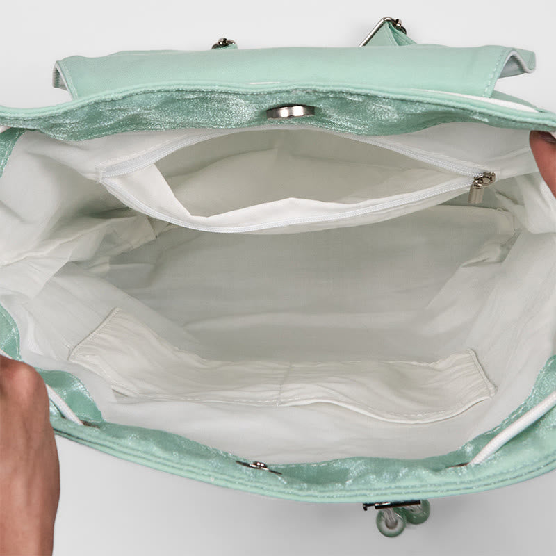 Buddha Stones Handmade Green Peony Flowers Embroidered Large Capacity Canvas Backpack