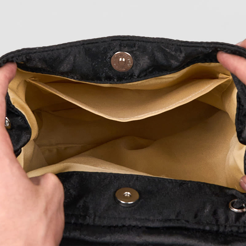 Buddha Stones Handmade Black Peony Embroidered Large Capacity Polyester Cotton Backpack