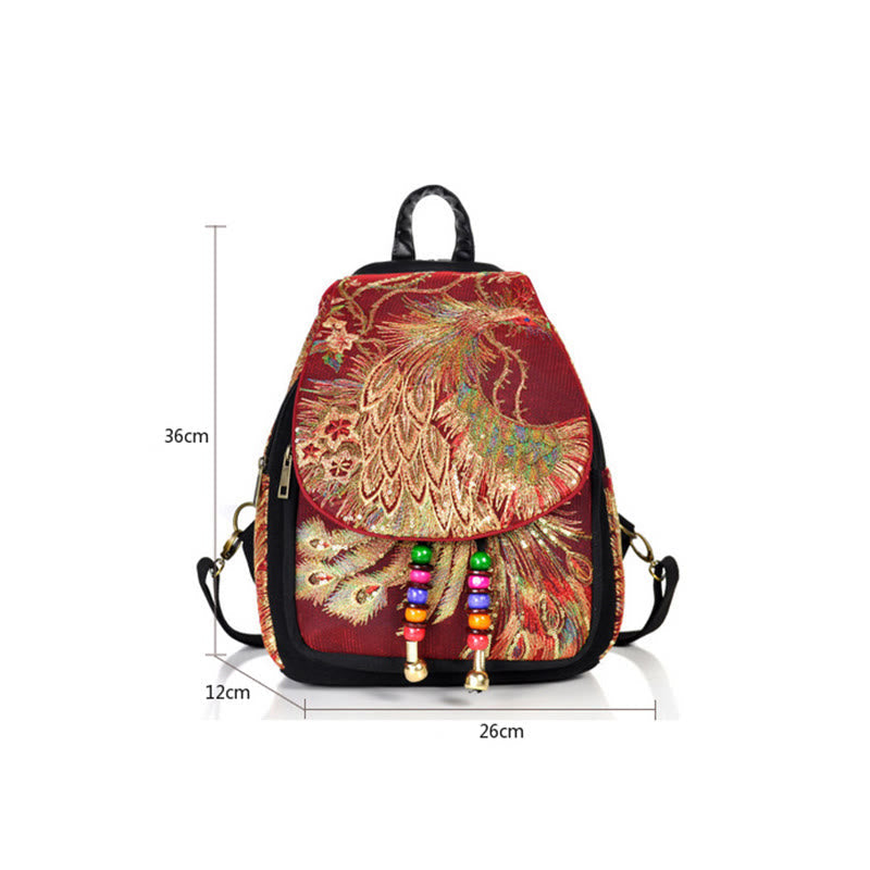 Buddha Stones Peacock Embroidery Canvas Tassel Backpack