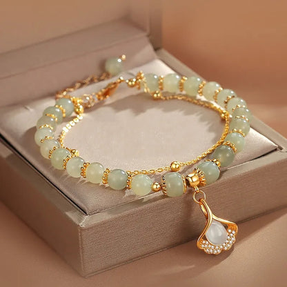 Buddha Stones Jade Leaf Ginkgo Tulip Peanut Fu Character Luck Beaded Bracelet