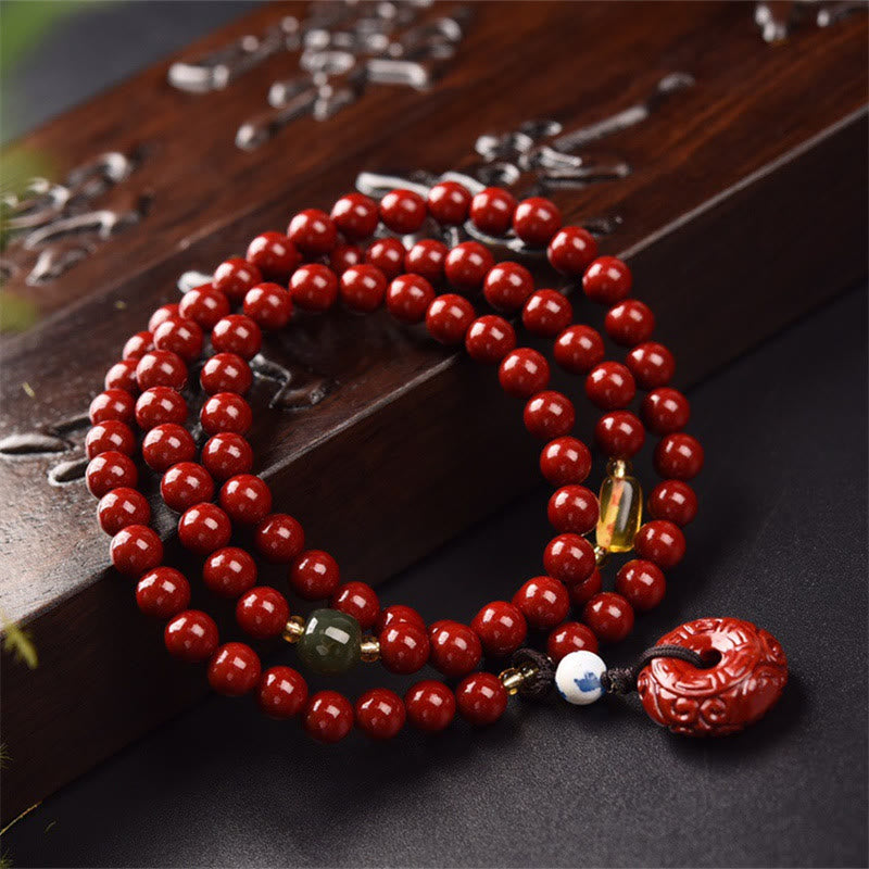 Buddha Stones Tibetan Cinnabar Peace Buckle Triple Wrap Blessing Bracelet Mala