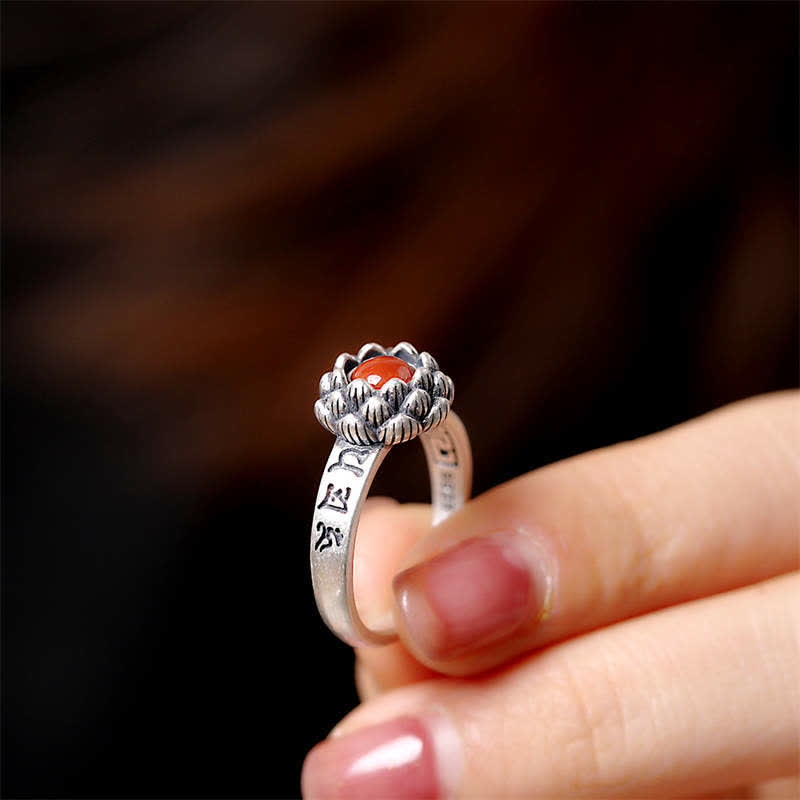 Buddha Stones925 Sterling Silver Lotus Red Agate Confidence Blessing Ring