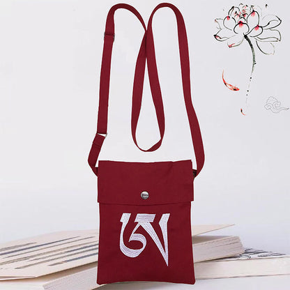 Buddha Stones Handmade OM Mantra Embroidered Spiritual Mind Practice Cotton Crossbody Bag Shoulder Bag Cellphone Bag