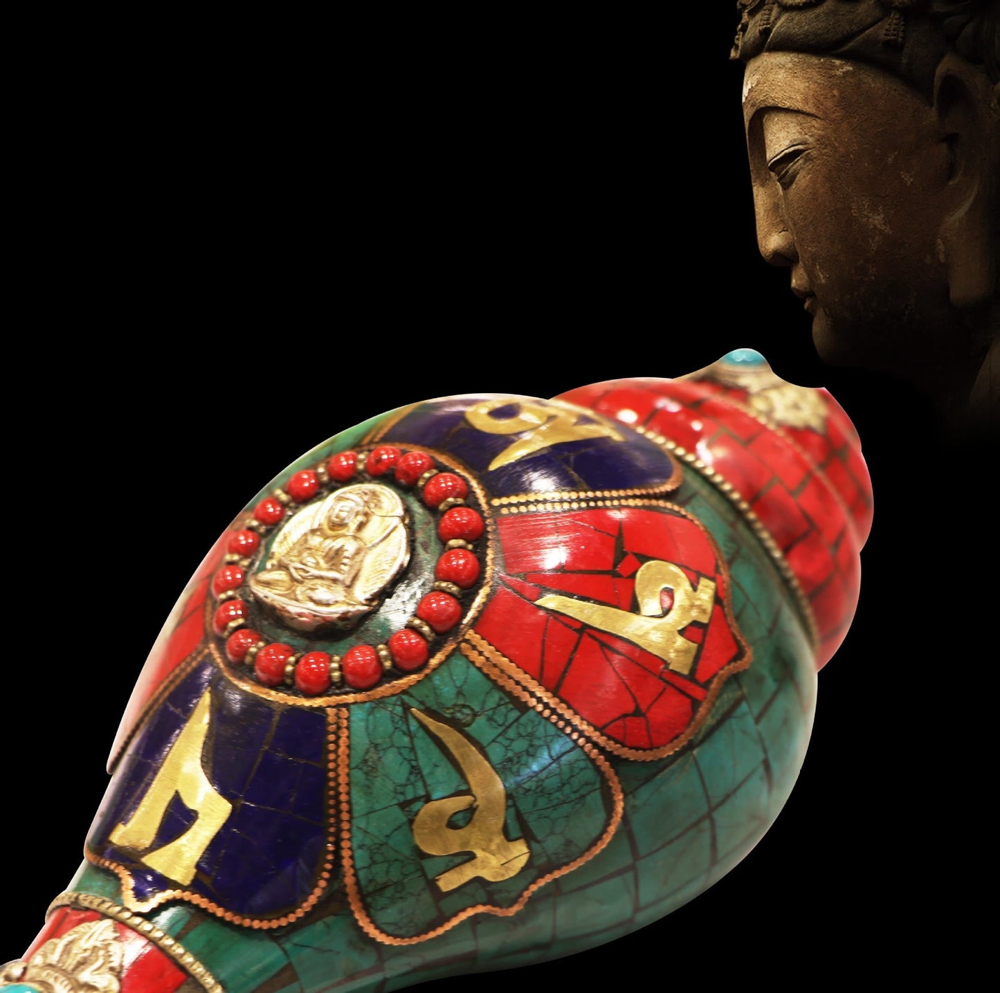 Buddha Stones Tibetan Handmade Shankha Om Mani Padme Hum Buddha Conch Shell Lucky Decoration