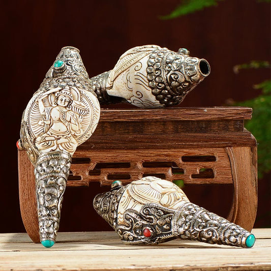 Buddha Stones Tibetan Handmade Engraved Shankha Buddha Conch Shell Wealth Positive Decoration