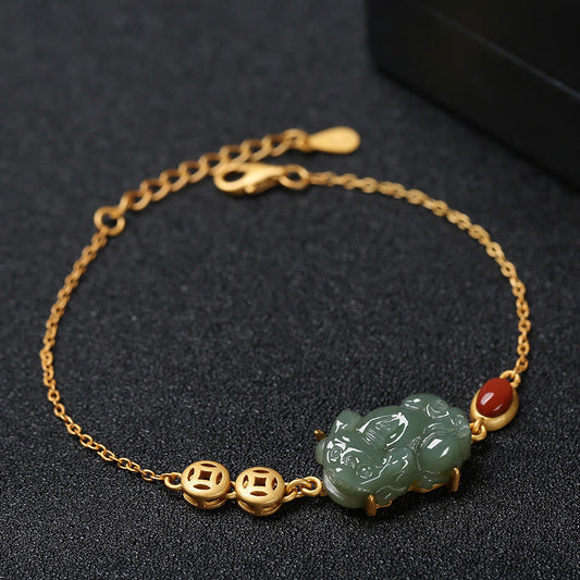 Buddha Stones Cyan Jade PiXiu Copper Coin Red Agate Success Chain Bracelet