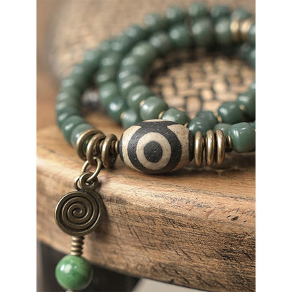 Buddha Stones Cyan Bodhi Seed Dzi Bead Wisdom Peace Triple Wrap Bracelet