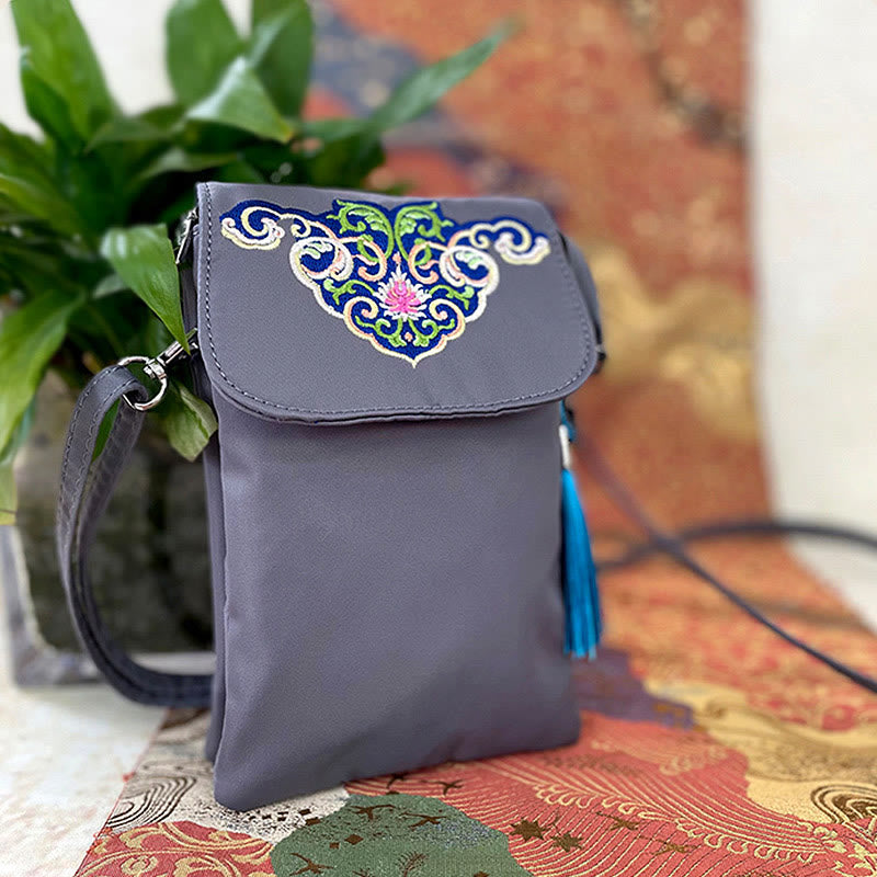 Buddha Stones Waterproof Handmade Embroidered Lotus Flowers Crossbody Bag Shoulder Bag Cellphone Bag