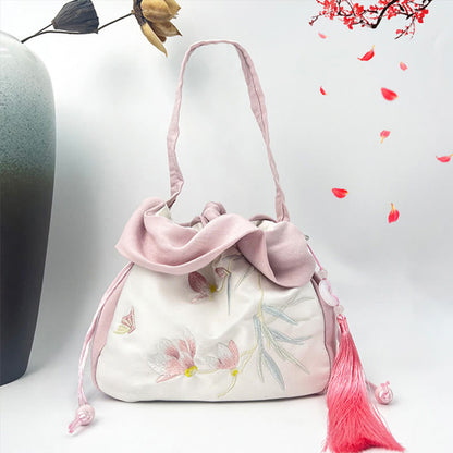 Buddha Stones Suzhou Embroidery Camellia Magnolia Peony Lotus Silk Tote Crossbody Bag Shoulder Bag Handbag