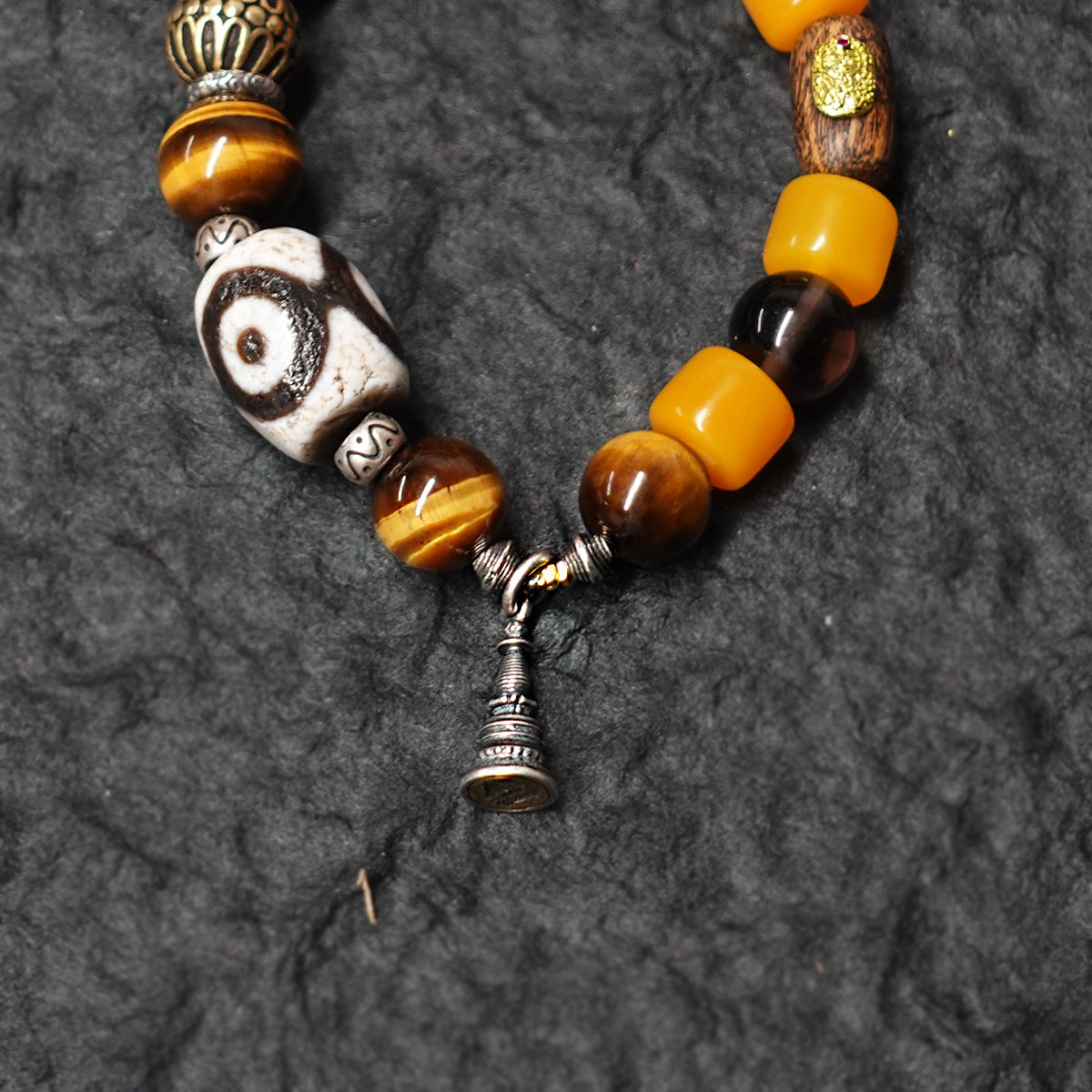 Protective Energy Three-Eyed Dzi Bead Bracelet Tibetan Vajra Silver Talisman