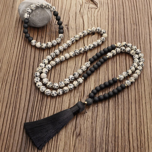 108 Mala Beads Zebra Jasper Frosted Stone Protection Tassel Bracelet (Extra 30% Off | USE CODE: FS30)