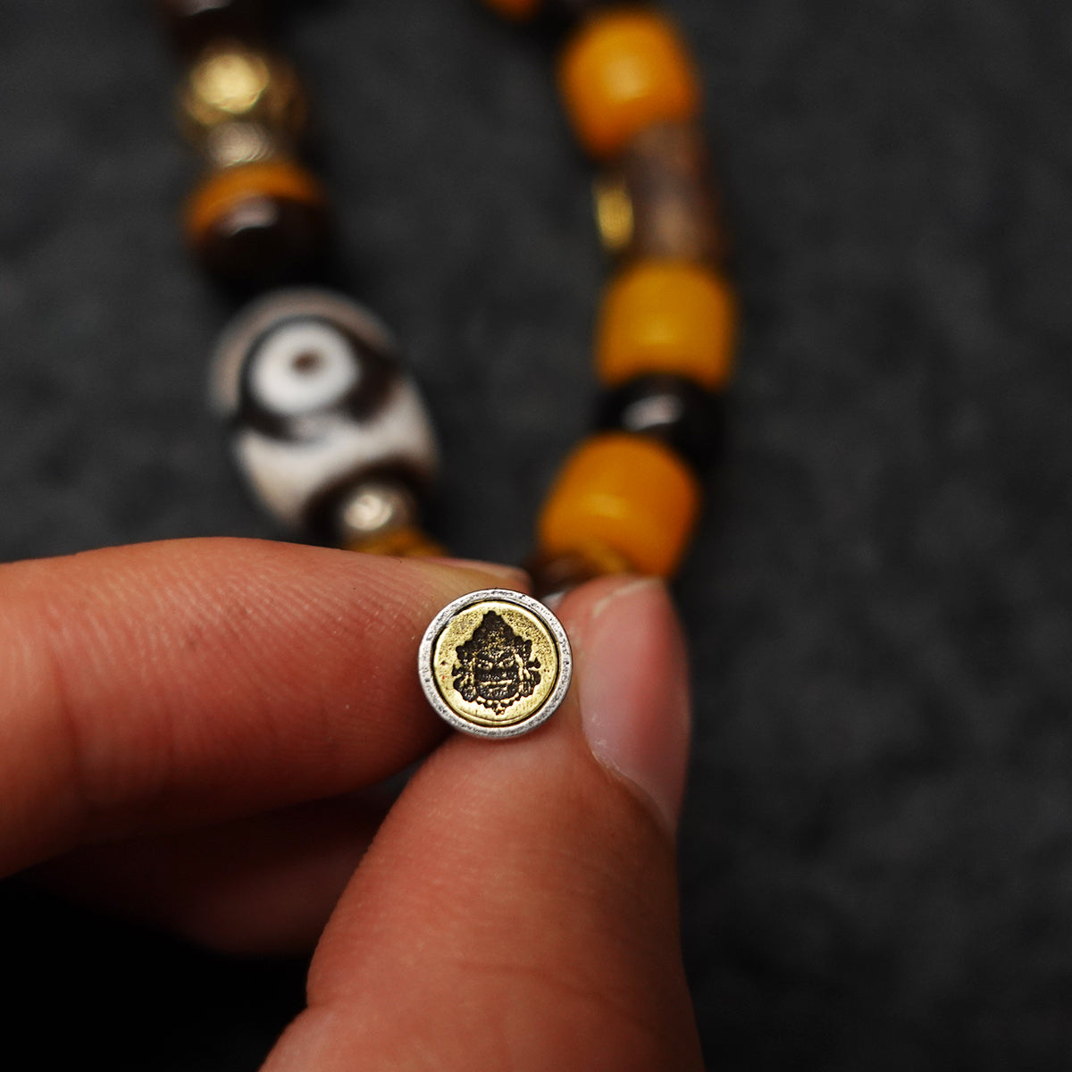 Protective Energy Three-Eyed Dzi Bead Bracelet Tibetan Vajra Silver Talisman