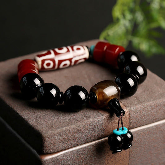 Buddha Stones Tibetan Nine-Eye Dzi Bead Black Onyx Wealth Protection Bracelet