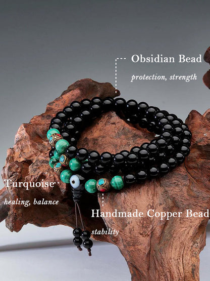 Protection Energy Obsidian and Turquoise Mala 108 Mala Beads