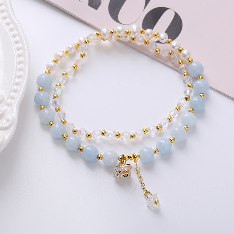 Buddha Stones Natural Amethyst Aquamarine Strawberry Quartz Pearl Peace Healing Double Wrap Bracelet