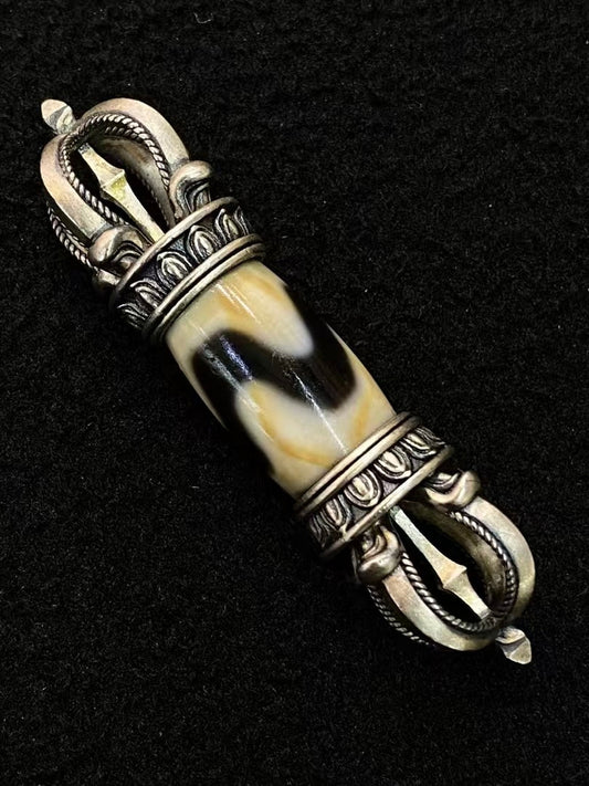 Vajra Protector Pendant – Dzi Beads with Sterling Silver Tiger Tooth Design