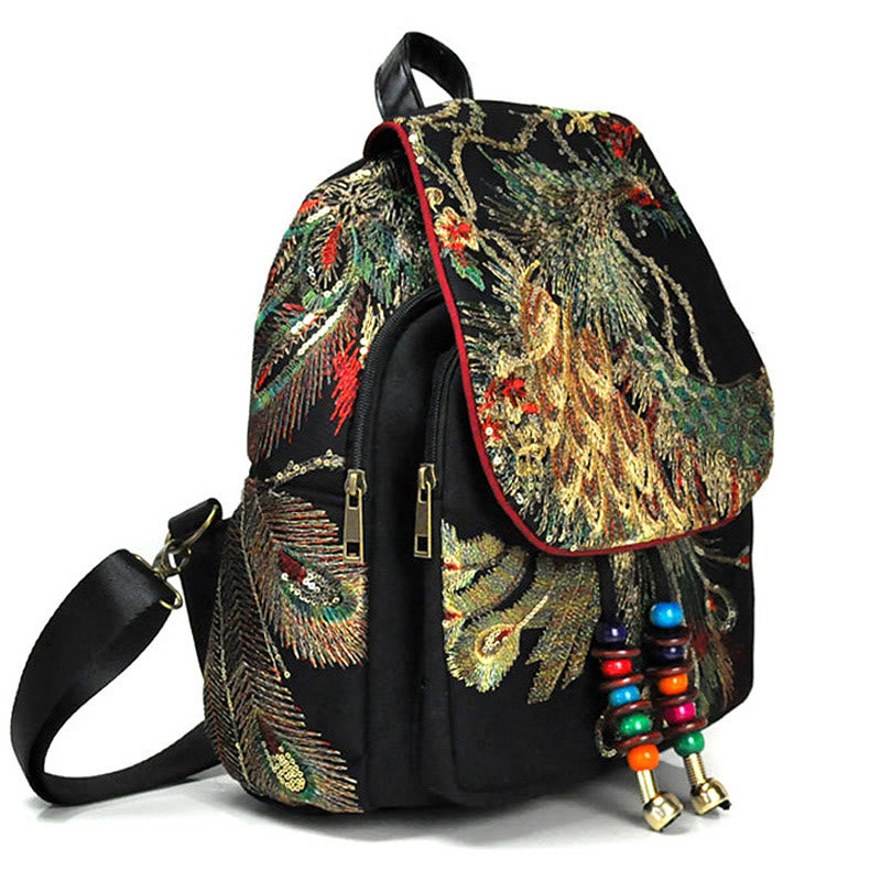Buddha Stones Peacock Embroidery Canvas Tassel Backpack