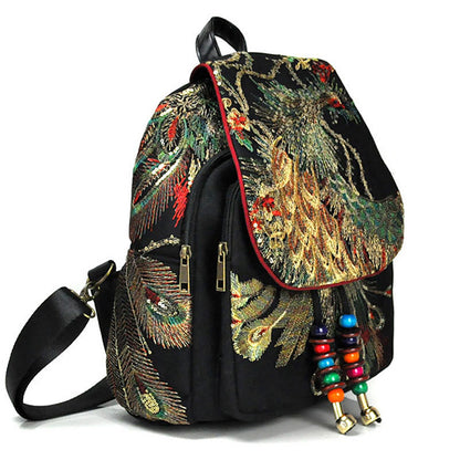 Buddha Stones Peacock Embroidery Canvas Tassel Backpack