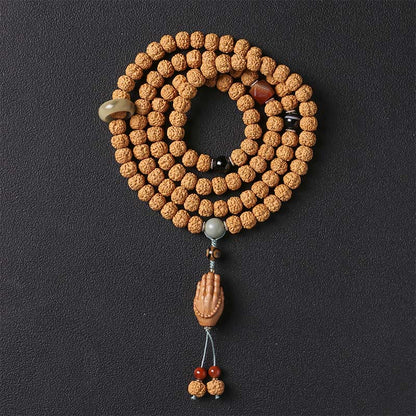Buddha Stones Bodhi Seed Three-eyed Dzi Bead Buddha Hand Charm Wealth Bracelet