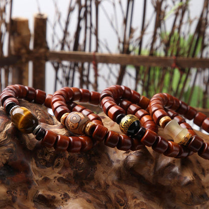 Buddha Stones Tibetan Bone Beads Three-Eyed Dzi Bead Sheep Horn Red Agate Strength Bracelet