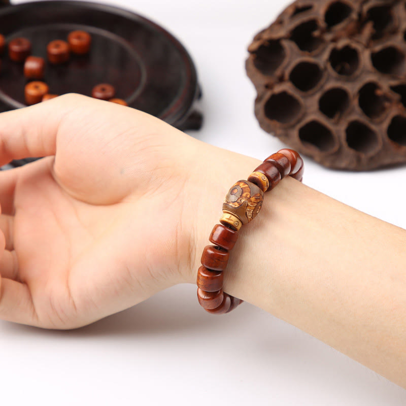 Buddha Stones Tibetan Bone Beads Three-Eyed Dzi Bead Sheep Horn Red Agate Strength Bracelet