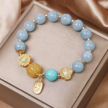 Buddha Stones Aquamarine Pumpkin Pearl Wealth Protection Bracelet