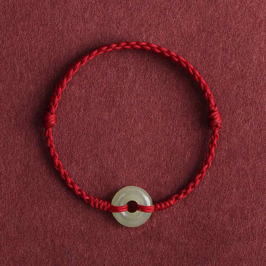 Buddha Stones Natural Hetian Jade Peace Buckle Protection Luck Braided Bracelet Anklet