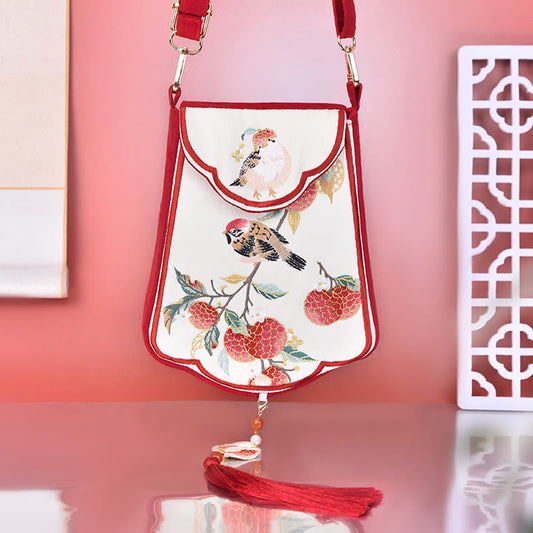 Buddha Stones Magpie Lychee Embroidery Tassel Shoulder Bag Crossbody Bag