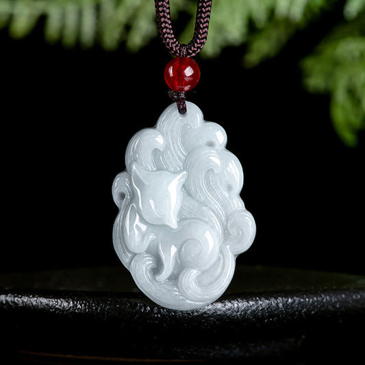 Buddha Stones Natural Jade Nine Tailed Fox Luck Necklace Pendant
