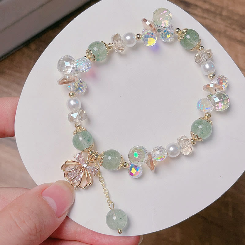 Buddha Stones Natural Strawberry Quartz Pearl Shell Positive Bracelet