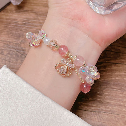 Buddha Stones Natural Strawberry Quartz Pearl Shell Positive Bracelet