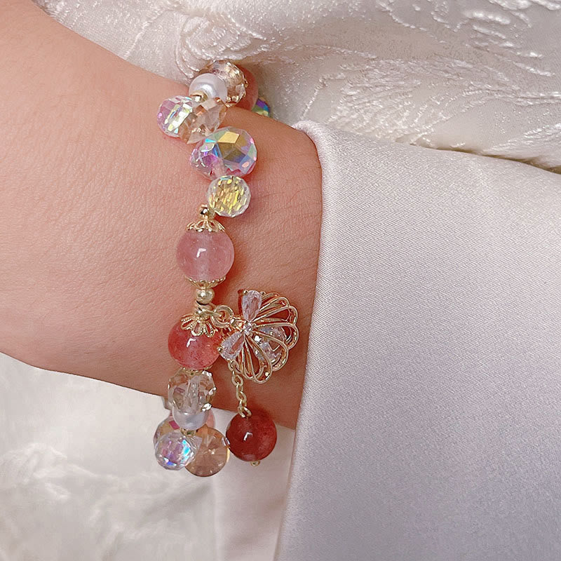 Buddha Stones Natural Strawberry Quartz Pearl Shell Positive Bracelet
