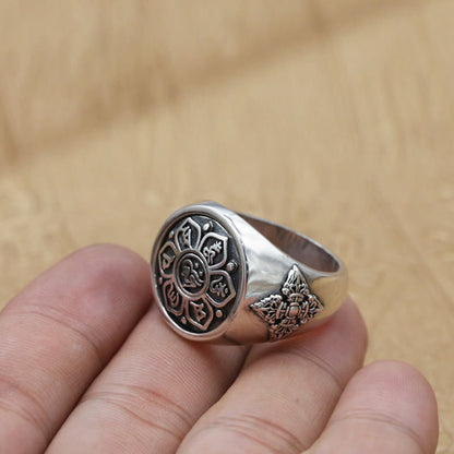 Buddha Stones Tibetan Om Mani Padme Hum Vajra Pattern Copper Focus Rotatable Ring