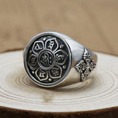 Buddha Stones Tibetan Om Mani Padme Hum Vajra Pattern Copper Focus Rotatable Ring