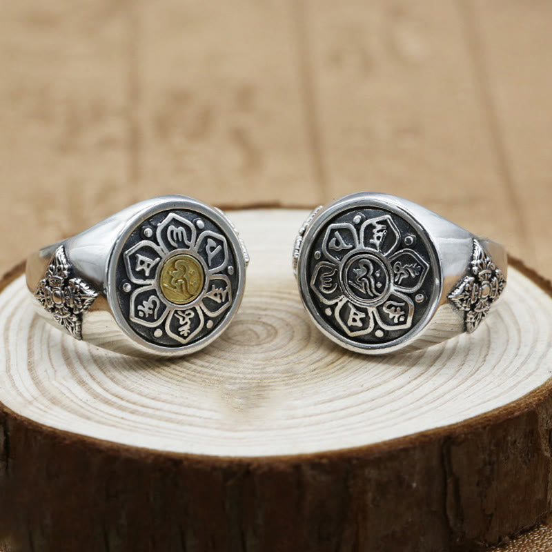 Buddha Stones Tibetan Om Mani Padme Hum Vajra Pattern Copper Focus Rotatable Ring