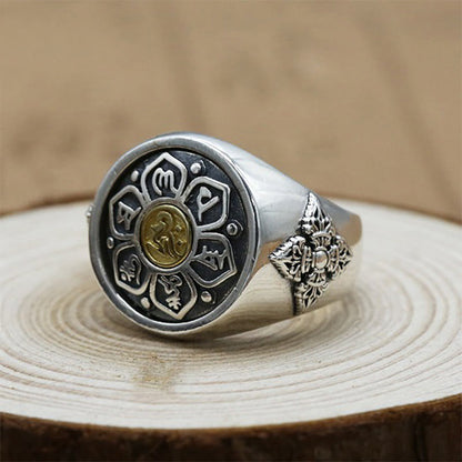 Buddha Stones Tibetan Om Mani Padme Hum Vajra Pattern Copper Focus Rotatable Ring