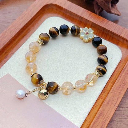 Buddha Stones Natural Tiger Eye Citrine Beads Flower Bell Courage Bracelet