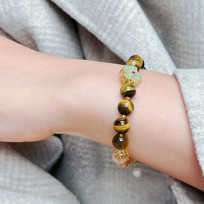 Buddha Stones Natural Tiger Eye Citrine Beads Flower Bell Courage Bracelet
