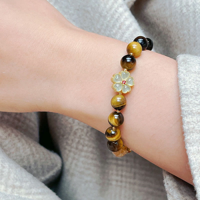 Buddha Stones Natural Tiger Eye Citrine Beads Flower Bell Courage Bracelet