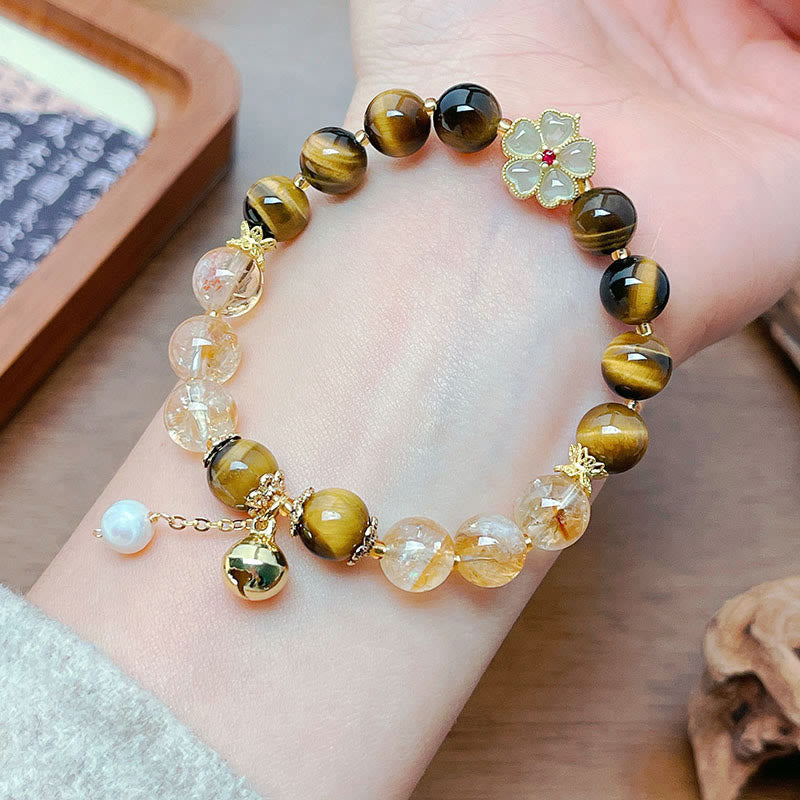 Buddha Stones Natural Tiger Eye Citrine Beads Flower Bell Courage Bracelet