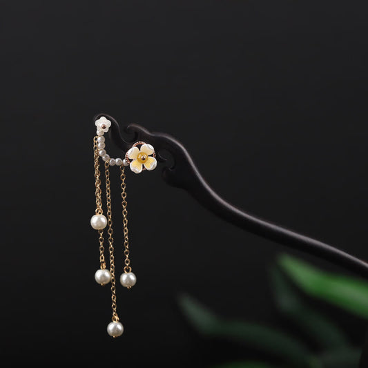 Buddha Stones Ebony Shell Flower Pearl Tassel Blessing Hairpin