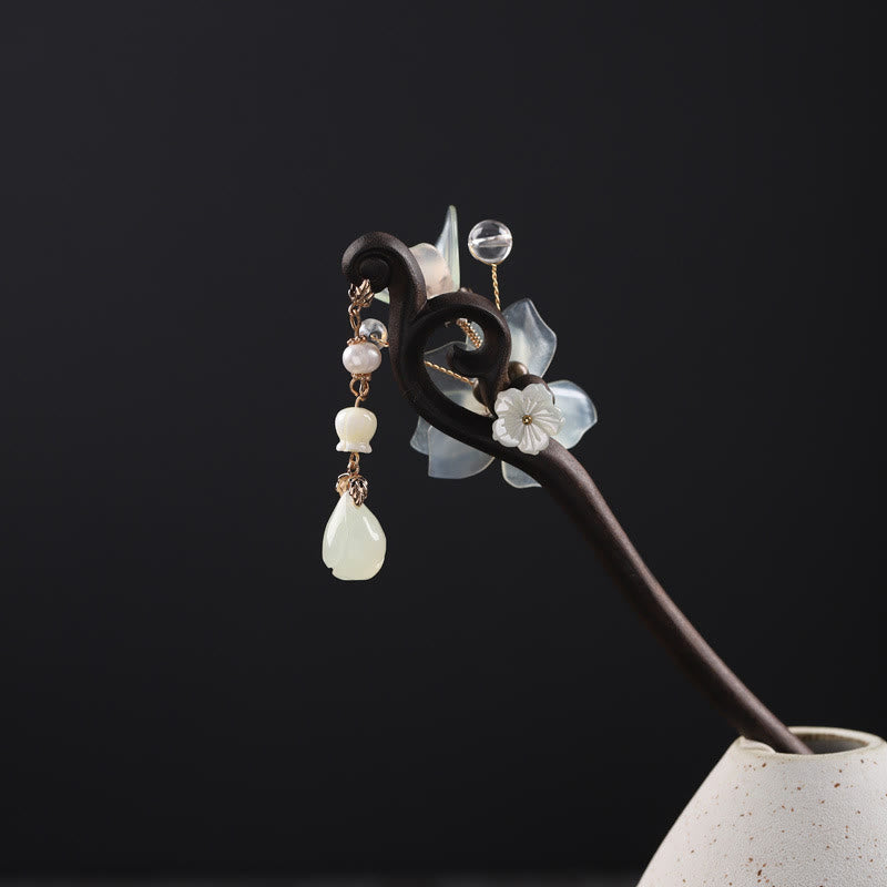 Buddha Stones Ebony Jade Shell Magnolia Tassel Blessing Hairpin