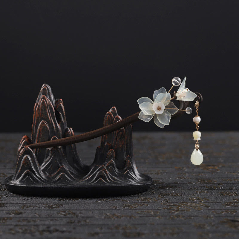 Buddha Stones Ebony Jade Shell Magnolia Tassel Blessing Hairpin