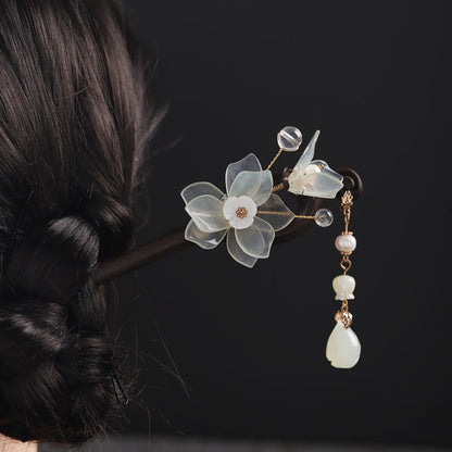 Buddha Stones Ebony Jade Shell Magnolia Tassel Blessing Hairpin