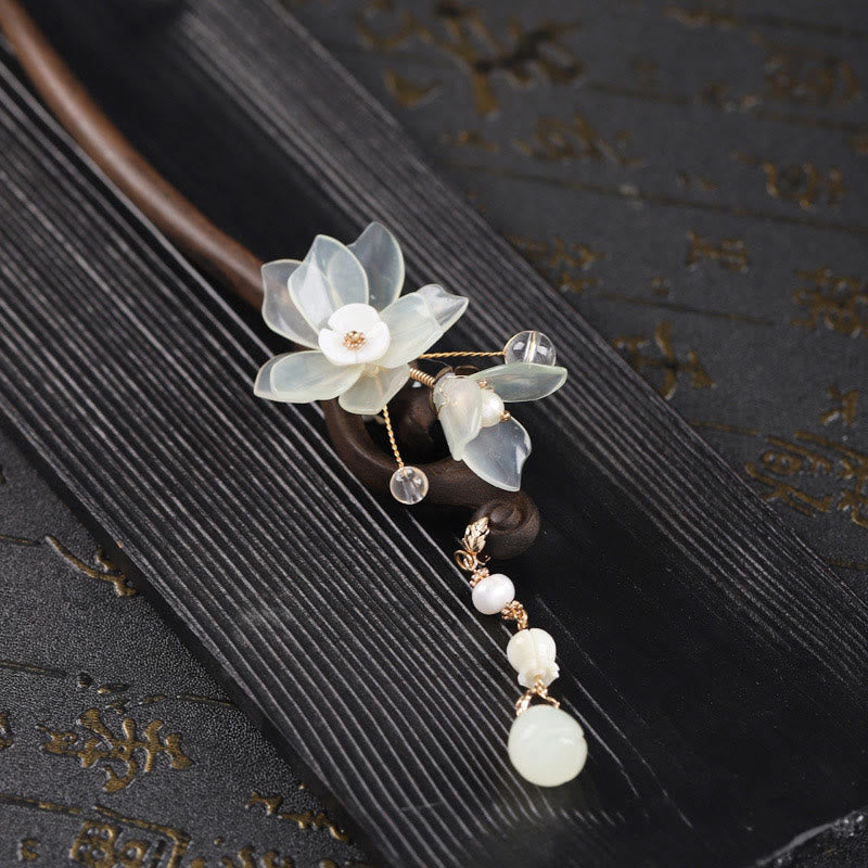 Buddha Stones Ebony Jade Shell Magnolia Tassel Blessing Hairpin