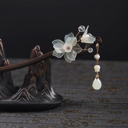 Buddha Stones Ebony Jade Shell Magnolia Tassel Blessing Hairpin