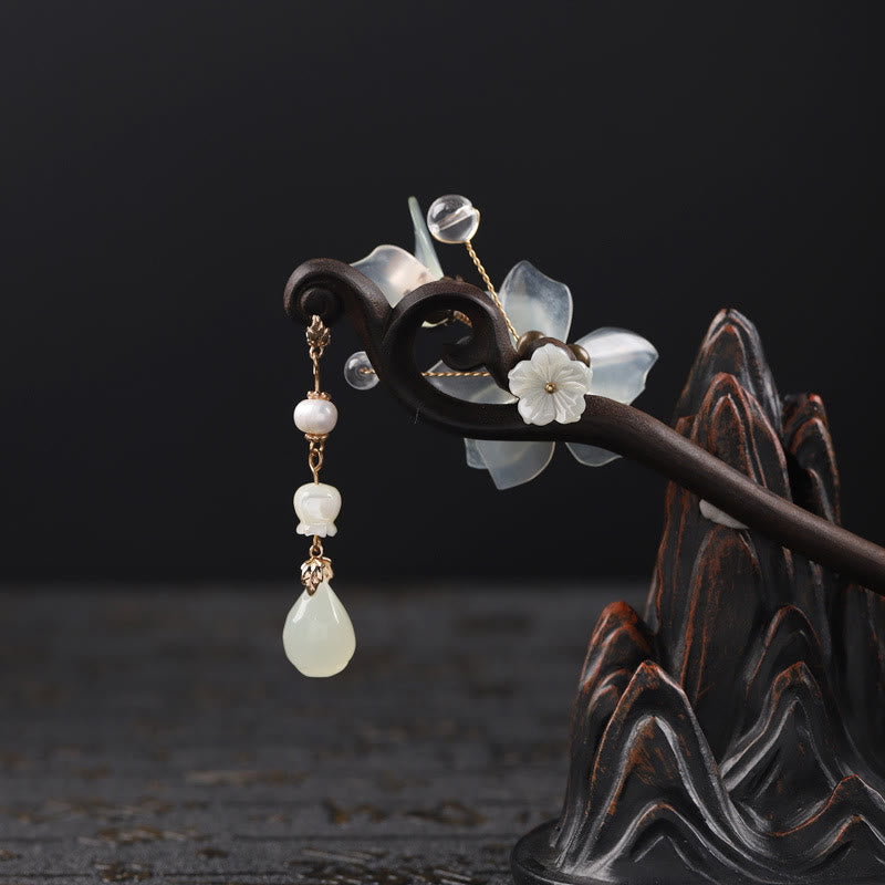 Buddha Stones Ebony Jade Shell Magnolia Tassel Blessing Hairpin