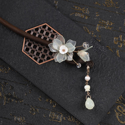 Buddha Stones Ebony Jade Shell Magnolia Tassel Blessing Hairpin
