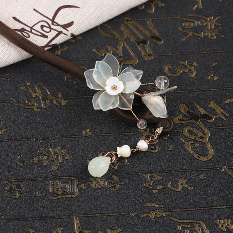 Buddha Stones Ebony Jade Shell Magnolia Tassel Blessing Hairpin