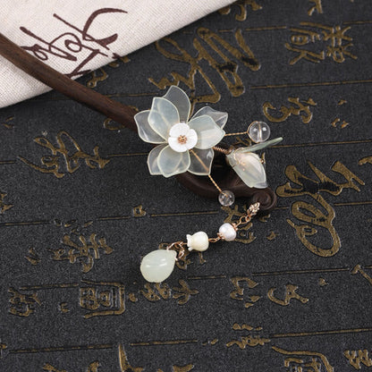 Buddha Stones Ebony Jade Shell Magnolia Tassel Blessing Hairpin